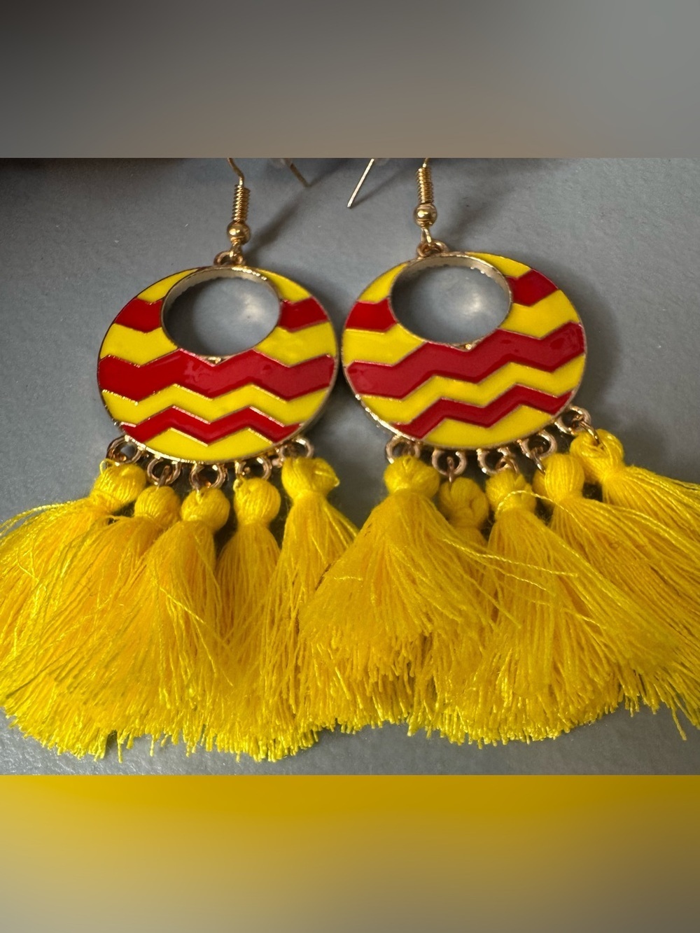 Yellow and Red Tassel Drop Earrings chevron print vibrant - Women Jewelry summer